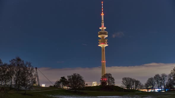 Time lapse of the olympic park in Munich at night.