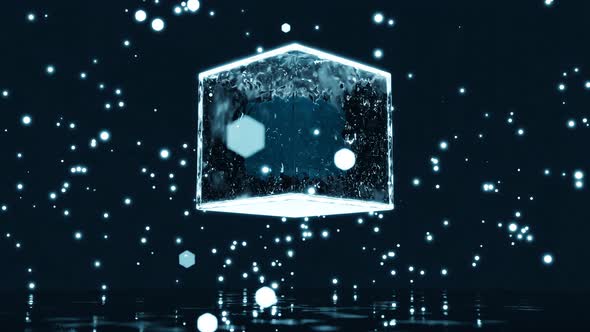 Small Cube Rotates Inside Transparent Ice Cube and Flying White Particles and Mirrored Floor