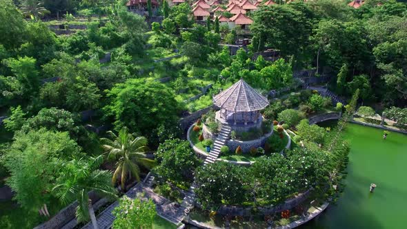 Aerial View of  Alcove in Bali Ujung Water Palace near Mount Agung, Bali, Indonesia.