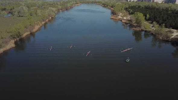 Top View of Rowing Competitions Between Teams