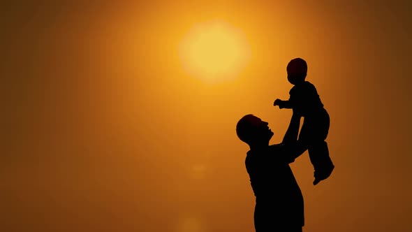 Slow motion: Silhouettes at sunset.  Dad throws the baby up and spins with it.