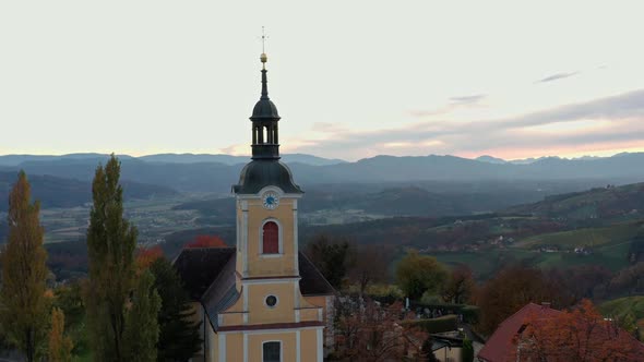 Aerial View of Austrian Vilage Kitzeck Im Sausal on Vineyard Durring Autumn Sunset Region in Styria