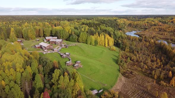 Village on a Hill in the Forest Drone Shooting