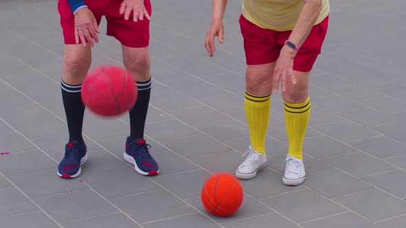 Senior Basketball Sport Couple Man Woman Playing Ball Game Practicing Dribbling at Stadium Court alt