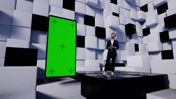 Tv Presenter in Virtual Studio News Green Screen with Markers Flies Onto Stage