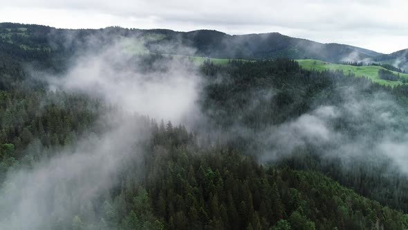 Flying Through the Clouds Above Mountain Tops. High Peaks with Forest, Wonderful Natural Landscape alt