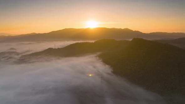 Aerial view Beautiful of morning scenery Golden light sunrise.