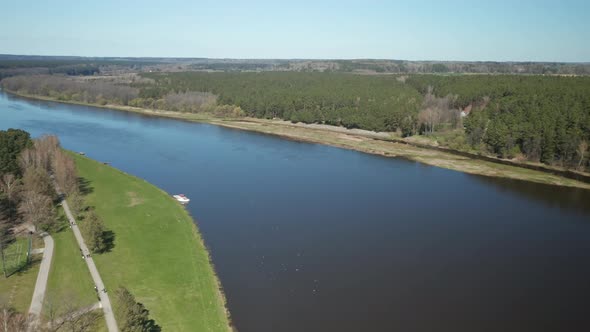 AERIAL: Seagulls Landing on River Nemunas on Sunny Day alt