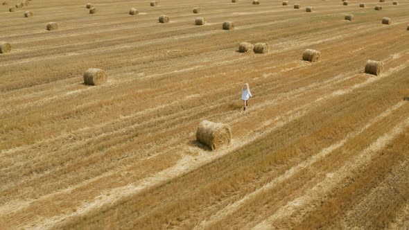 Beautiful young girl in a white shirt on a field among sheaves of hay. Aerial view	 alt