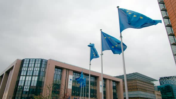 Waving European Union Flags Near EU Commission Office in Brussels Belgium