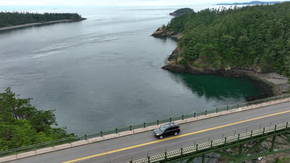 Aerial shot pulling away from the Fidalgo Island bridge to Whidbey Island. alt