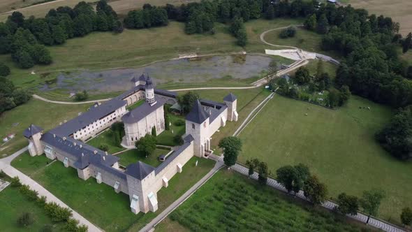 Aerial Panoramic View Of Dragomirna Monastery In Romania alt