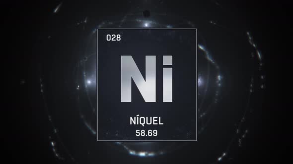 Nickel as Element 28 of the Periodic Table on Silver Background in Spanish Language