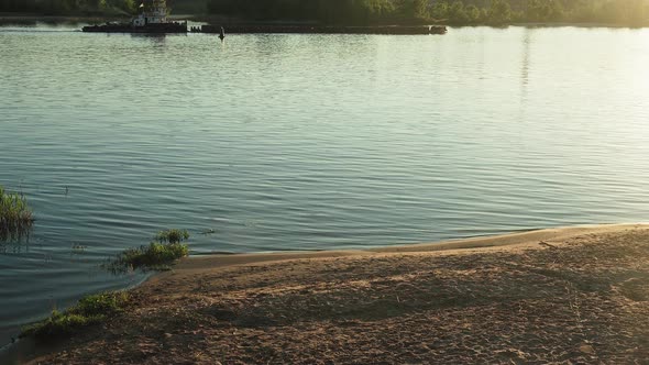 Panoramic Shot Beautiful Landscape of Wide River Dnieper with Long Bridge and Church Buildings alt