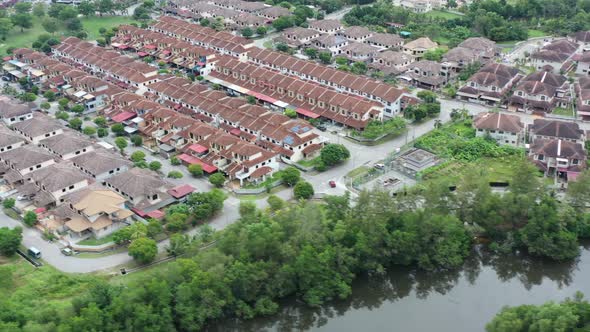 Aerial drone flying around Venice of Perak, Manjung, Malaysia, capturing wide array of residential h alt