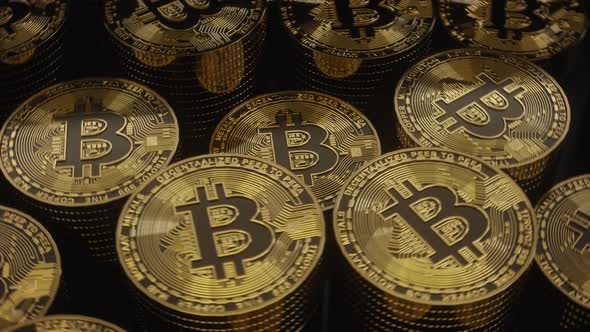 Close up shot of rotating bitcoins
