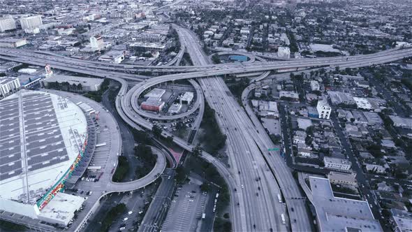 The Highway 10 and 110 at dusk as seen from a helicopter