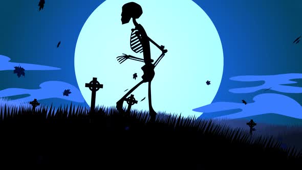 A scary night on the graveyard. The skeletons are walking against the moon.