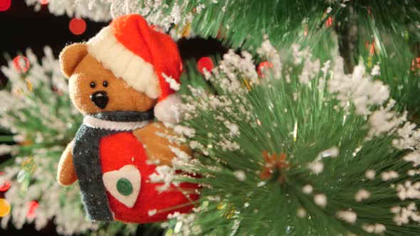 Unusual Decoration Like Teddy - a Toy on Christmas Tree, Bokeh, Light, Black, Garland, Cam Moves To alt