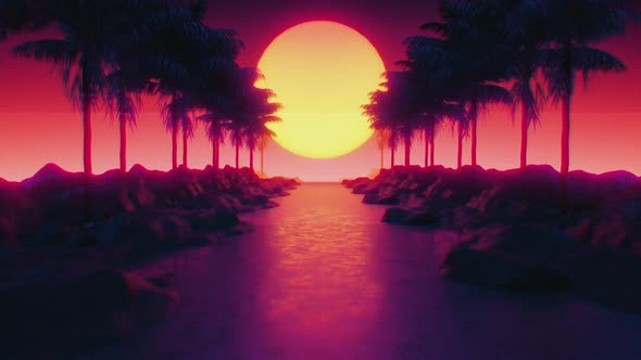 Palm Tree and Sunset, 80's Retrowave Background 4K
