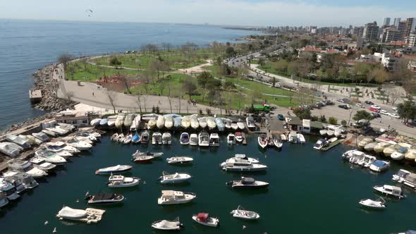 Aerial view of a small harbour in Istanbul, Turkey. alt