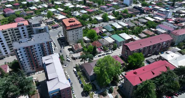 Zugdidi, Georgia - May 3 2022: Aerial view of Zugdidi Iveria Cathedral of the All-Holy Mother of God alt