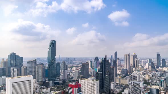 Bangkok business district city center above Silom area; panning right – Time Lapse