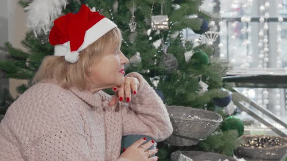 Senior Woman Smiling to the Camera While Sitting Near Christmas Tree at Home alt