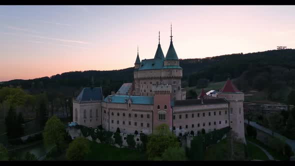 Aerial view of Bojnice Castle in Slovakia - Sunset