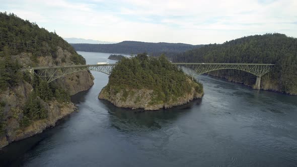 Helicopter Film Revealing Washington State Landmark Bridge Over Puget Sound alt