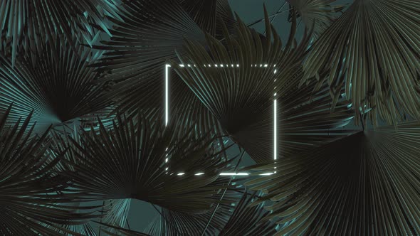 Flickering Square Neon Light With Tropical Leaves
