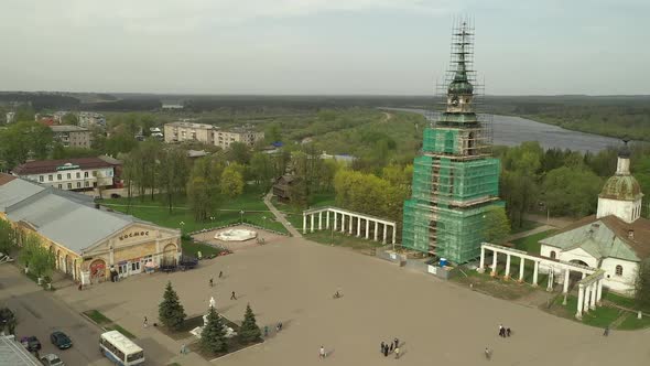 Aerial View on Central Square with Church Under Reconstruction in Slobodskoy