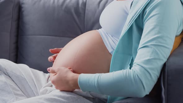 Young pregnant woman is resting at home and expecting a baby. alt