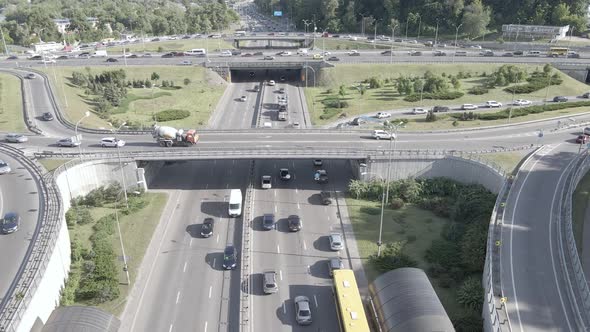 Cars Ride on the Road. Slow Motion. Kyiv. Ukraine. Aerial, Gray, Flat alt
