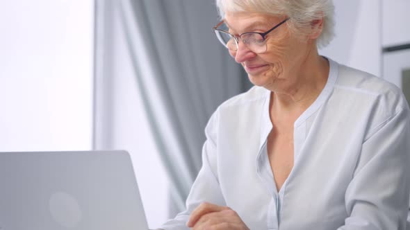 Professional old woman company online secretary with glasses types alt