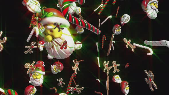 4K Santa head, candy canes and gingerbread man falling