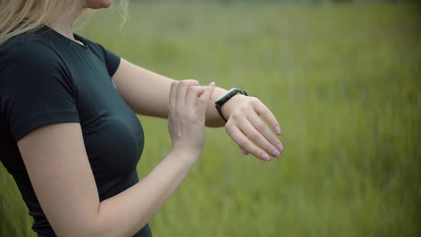 Heart Rate Smart Watch. Runner Checking Pulse On Smartwatch On Recreation Running Workout. alt