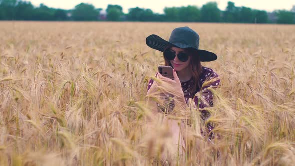 Beautiful Young Hippie Woman in the Wheat Field at Sunset Uses a Smartphone alt