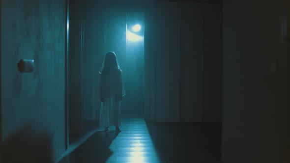 Ghost Girl In White Nightgown With Loose Hair In A Scary House, Stock ...