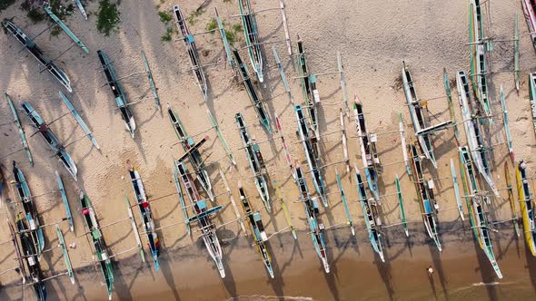 Traditional Sri Lanka Fishing Boats on the Beach. Aerial Drone Footage