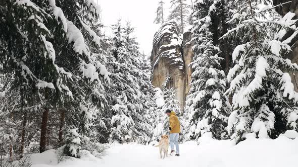 Man Walking With His Dog In Beautiful Winter Nature