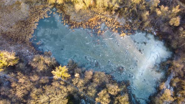 Aerial view on frozen wild lake in wintry forest