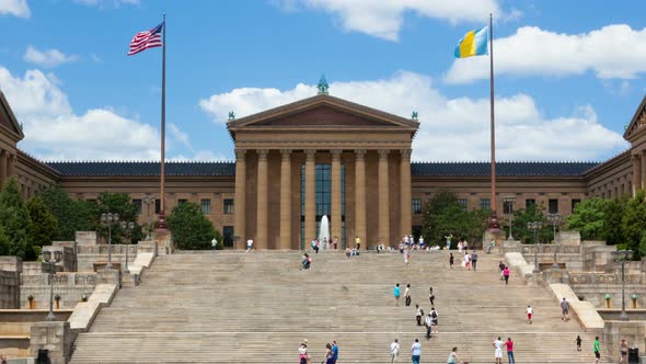 4 K Timelapse of People Moving in Front of The Philadelphia Art Museum Stairs Steps - Pennsylvania