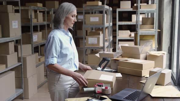 Female Warehouse Worker Packing Ecommerce Parcel Shipping Box alt