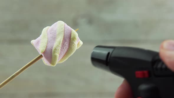 Close up footage of heating marshmallow in kitchen with lighter alt