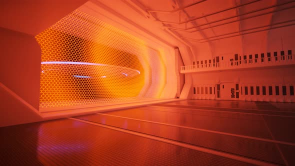 White metal flying saucer flying into space hangar. UFO arriving from travel 4K alt