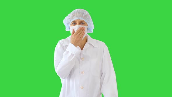 Doctor Woman Feeling Ill with a Sore Throat and Flu Symptoms, Coughing with Mouth Covered on a Green alt