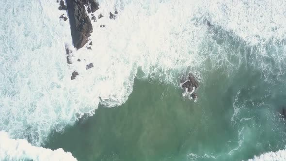 White Foaming Ocean Waves Roll on Sandy Beach with Palms alt