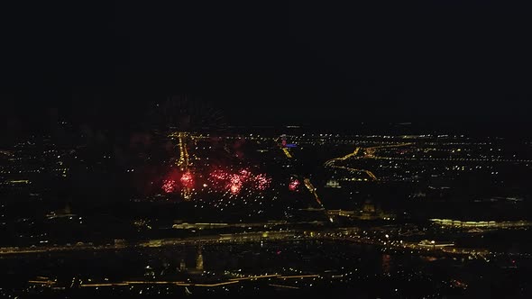 Big Bright Fireworks Over Night Cityscape with Reflection in the Rivers alt