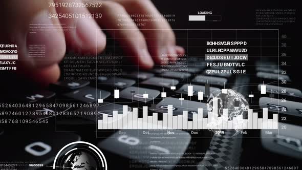 Man Working on Laptop Computer Keyboard with Graphic User Interface GUI Hologram alt